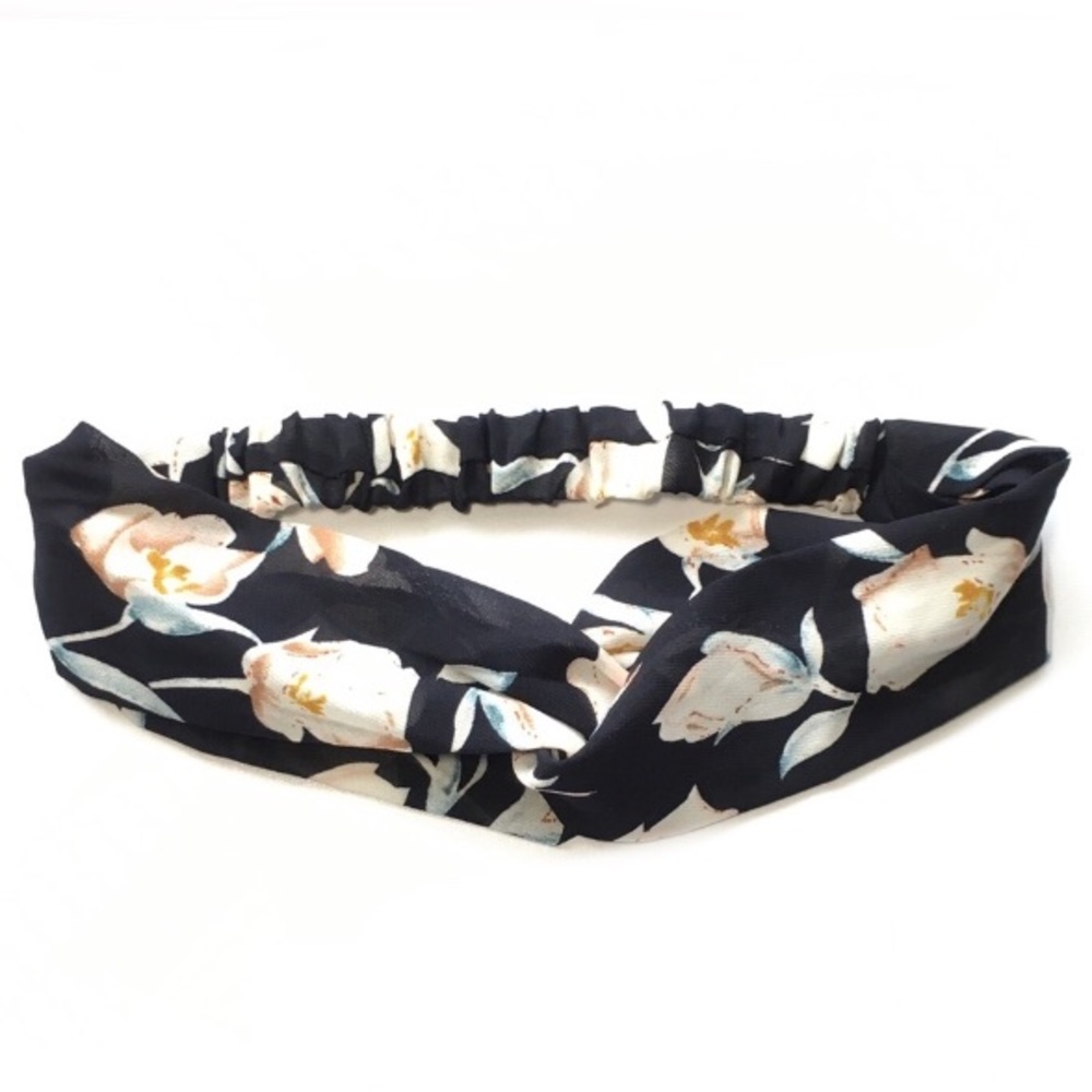 Dark Blue Floral Print Boho Twist Headband